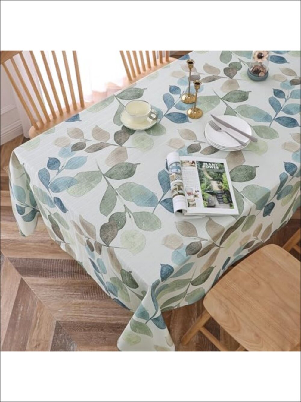 Leaf Printed Rectangle Tablecloth 60x84 Waterproof Slub Fabric